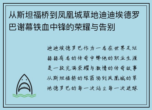 从斯坦福桥到凤凰城草地迪迪埃德罗巴谢幕铁血中锋的荣耀与告别 从斯坦福桥到凤凰城草地迪迪埃德罗巴谢幕铁血中锋的荣耀与告别
